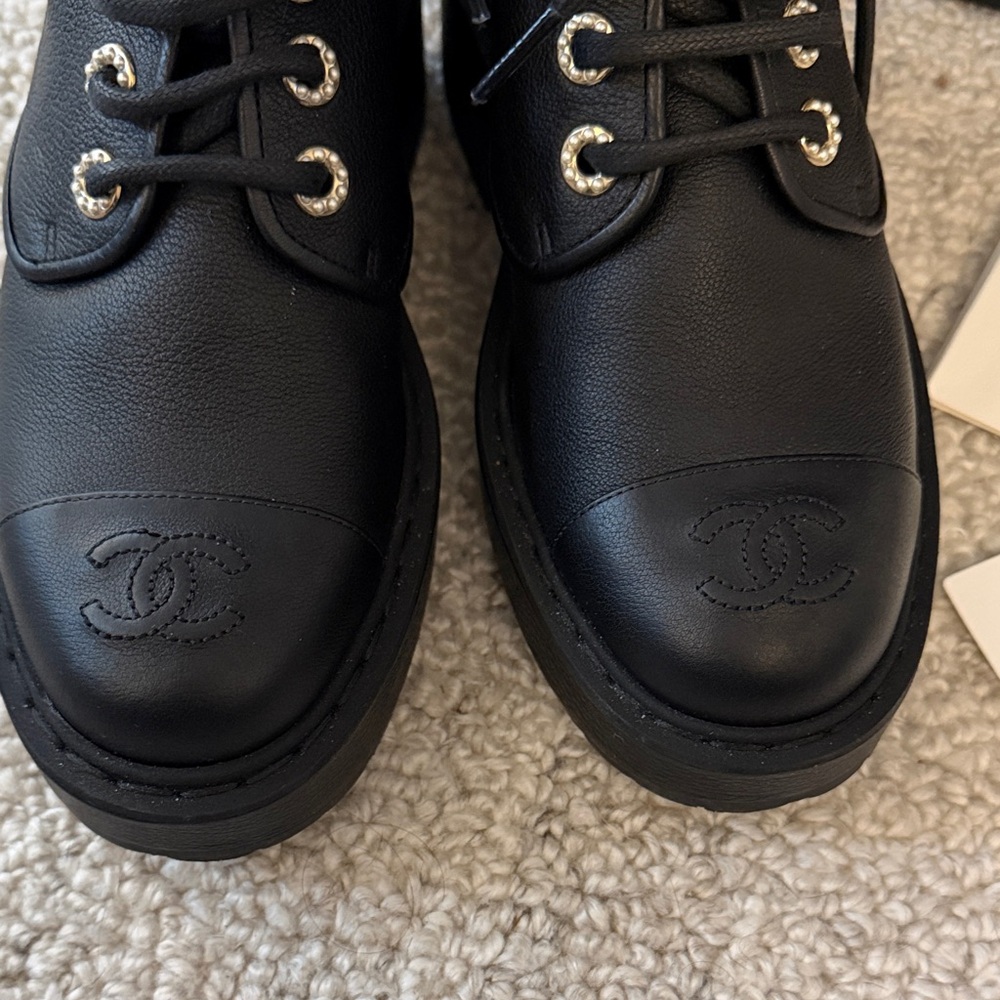 CHANEL Black Leather Lace-Up Platform Boots with Logo Cap - Picture 6 of 14
